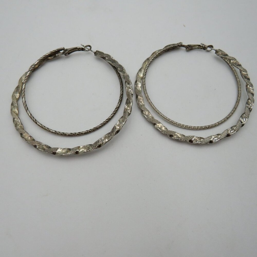 Vintage Silver Tone Oversized 2.5" Textured‎ Double Hoop Earrings